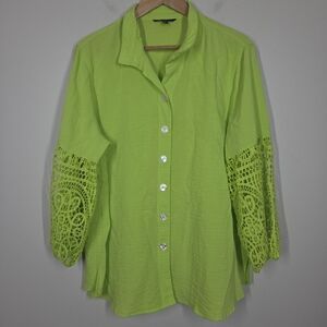 John Mark Lime Green Crochet Balloon Sleeve Button Up Tunic Artsy Boho XL READ
